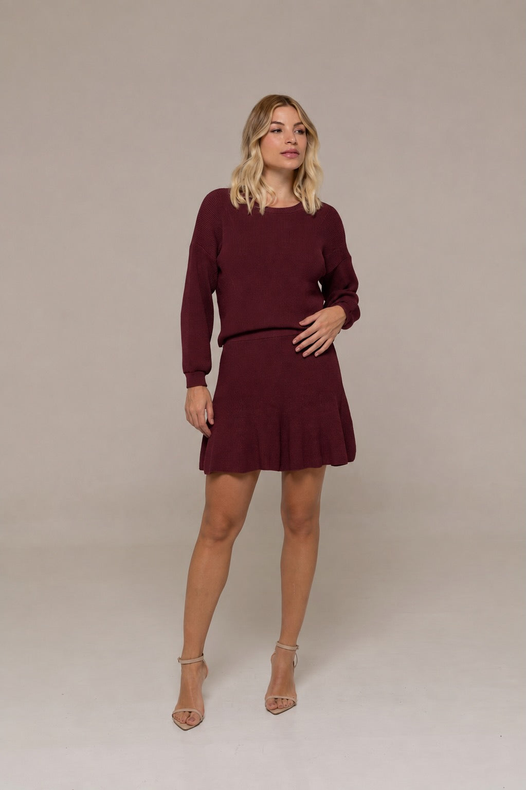 Monica Long-Sleeve Knit Sweater and Ruffle Mini Skirt Two-Piece Set in Burgundy | Casa Maly