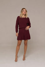 Monica Long-Sleeve Knit Sweater and Ruffle Mini Skirt Two-Piece Set in Burgundy | Casa Maly