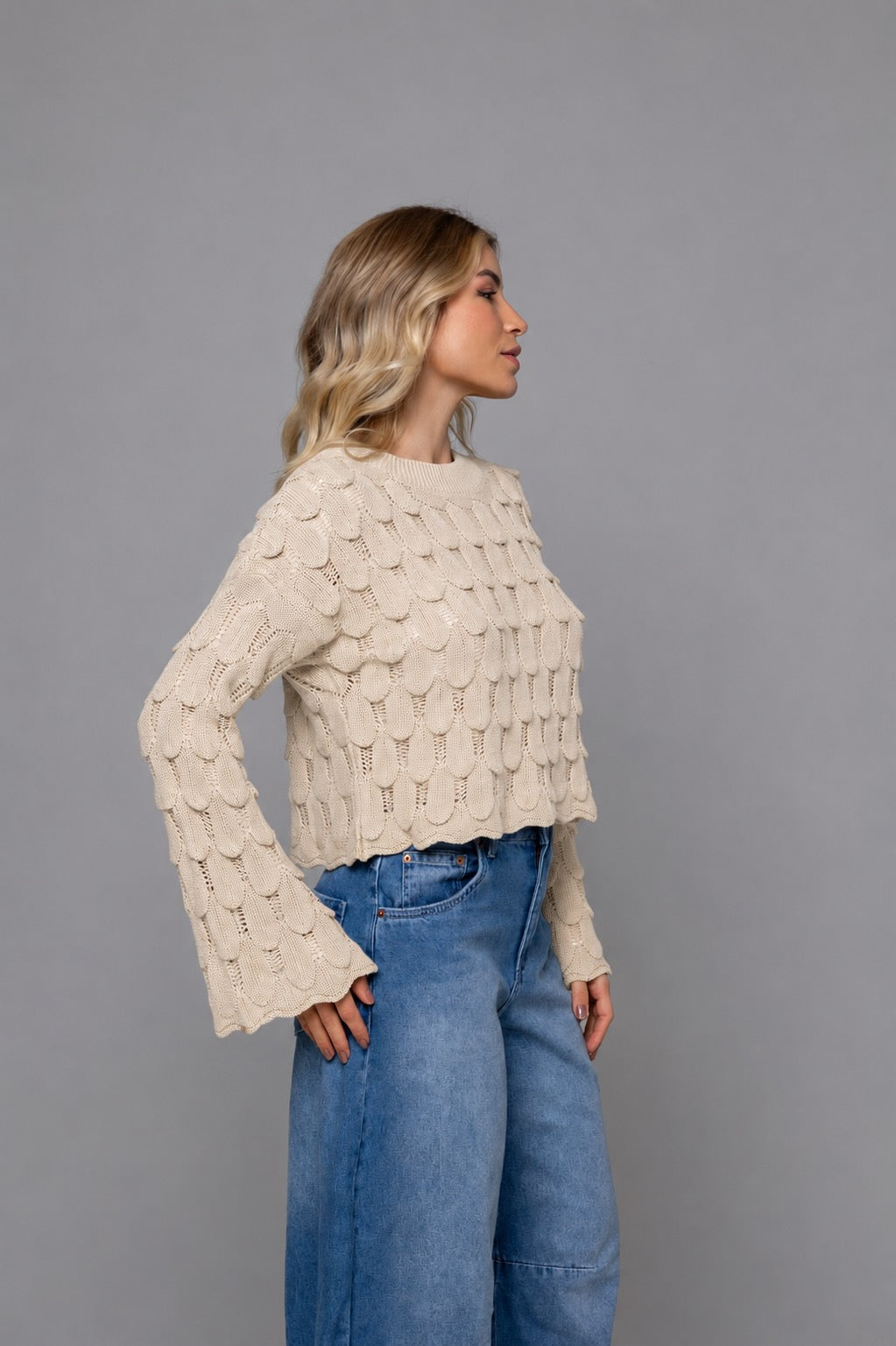 Jessica Lightweight Tactile Acrylic Knit Sweater in Beige | Casa Maly