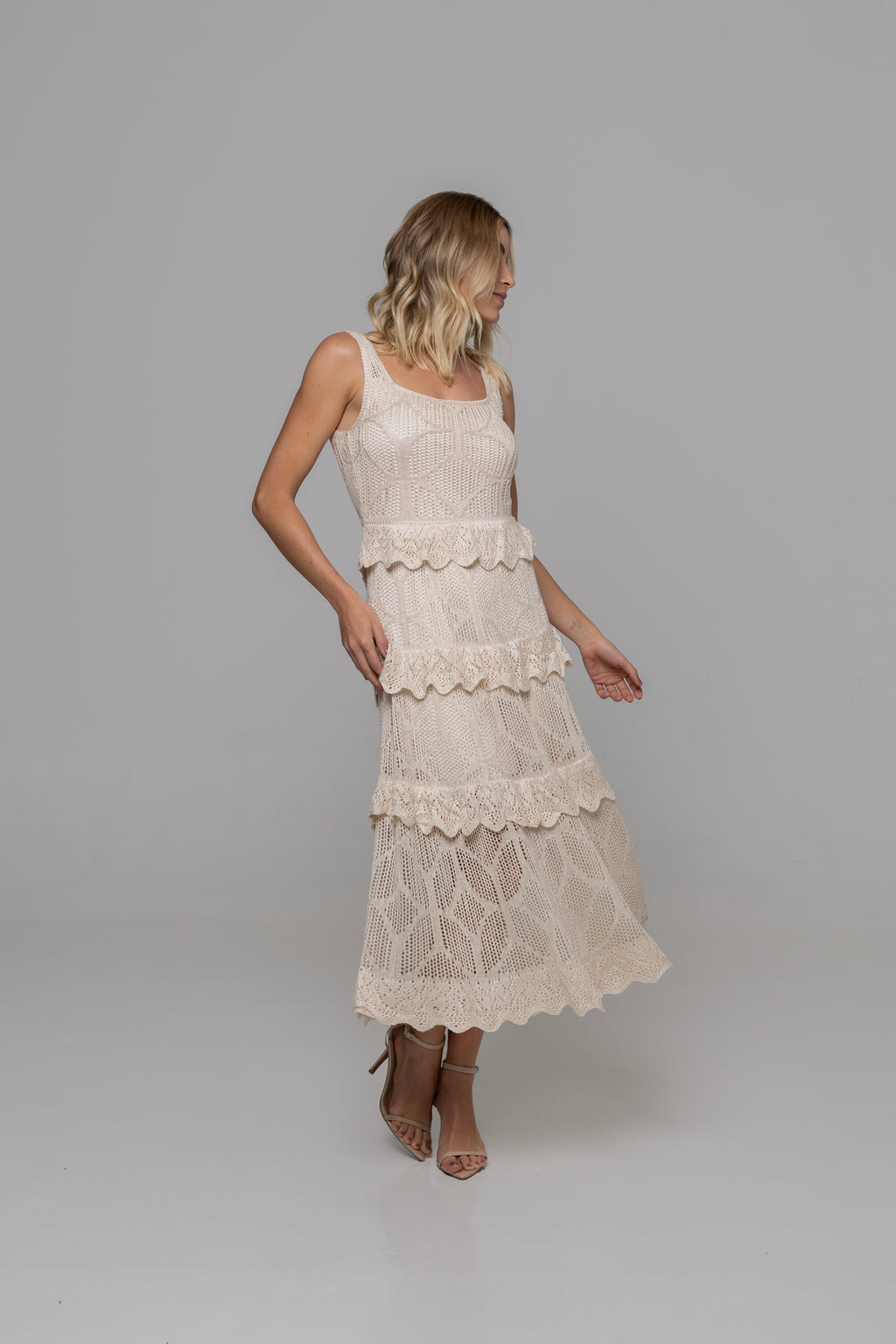 Casa Maly Nicole Dress - Cream knit midi dress with scalloped tiered ruffles and pointelle crochet details