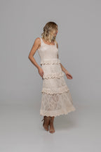 Casa Maly Nicole Dress - Cream knit midi dress with scalloped tiered ruffles and pointelle crochet details