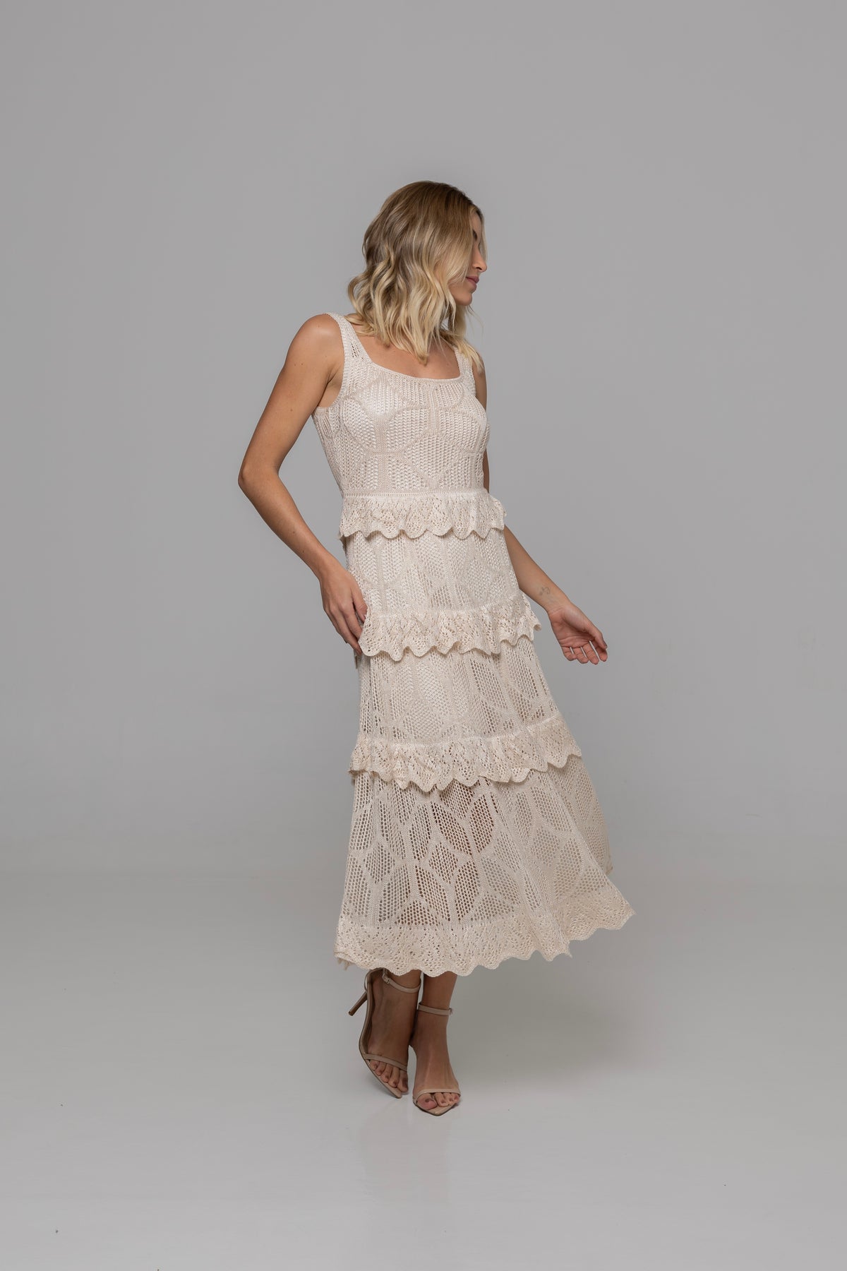 Casa Maly Nicole Dress - Cream knit midi dress with scalloped tiered ruffles and pointelle crochet details