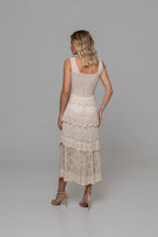Casa Maly Nicole Dress - Cream knit midi dress with scalloped tiered ruffles and pointelle crochet details