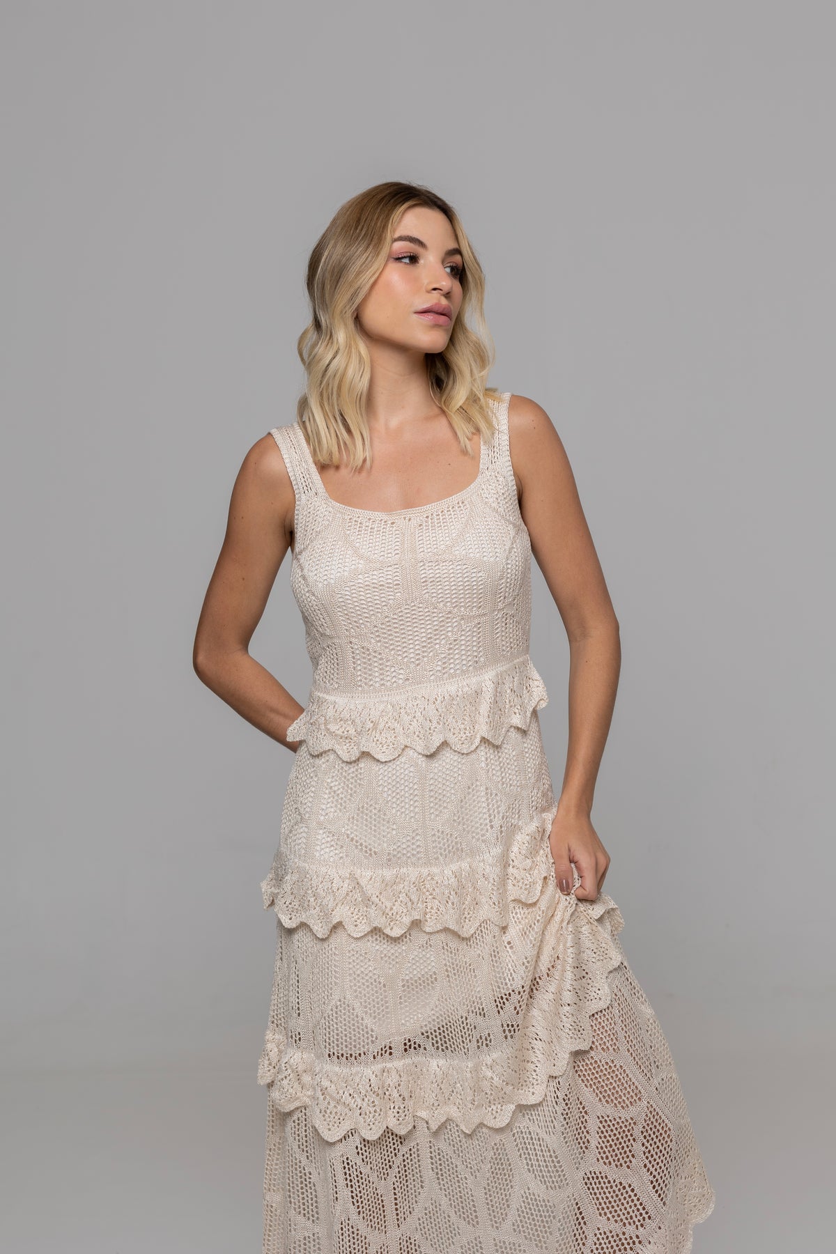 Casa Maly Nicole Dress - Cream knit midi dress with scalloped tiered ruffles and pointelle crochet details