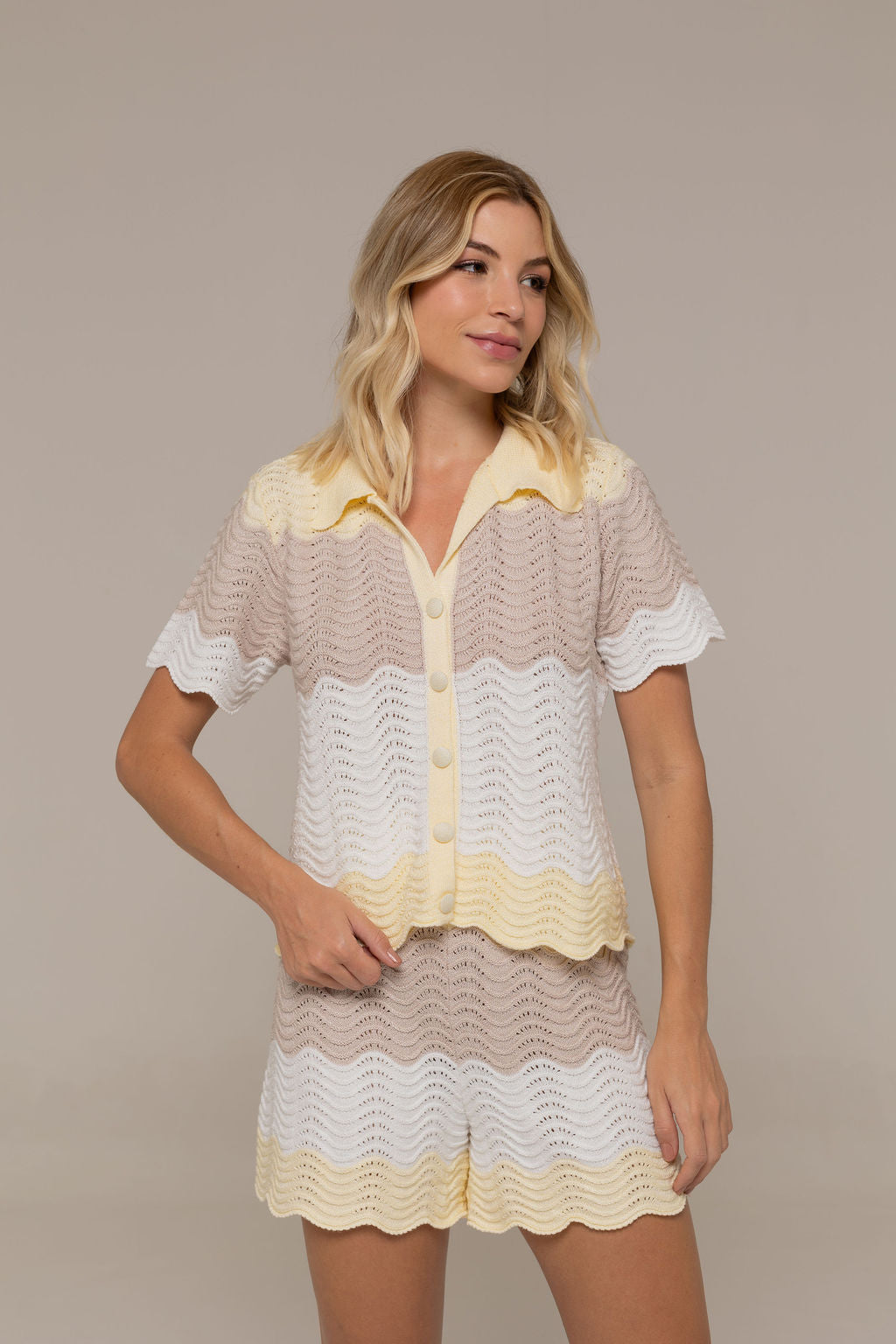 Marea Pointelle Wave Short-Sleeve Camp Collar Top and Shorts Set in Cream Sand and Lemon Yellow | Casa Maly