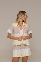 Marea Pointelle Wave Short-Sleeve Camp Collar Top and Shorts Set in Cream Sand and Lemon Yellow | Casa Maly