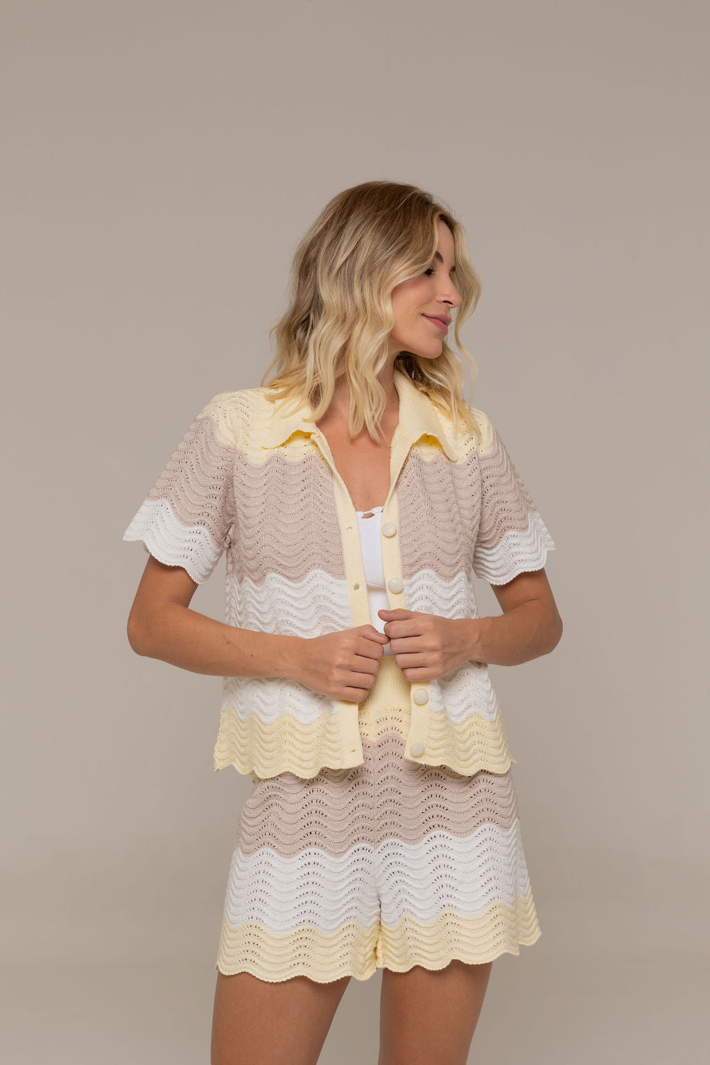 Marea Pointelle Wave Short-Sleeve Camp Collar Top and Shorts Set in Cream Sand and Lemon Yellow | Casa Maly