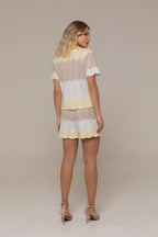 Marea Pointelle Wave Short-Sleeve Camp Collar Top and Shorts Set in Cream Sand and Lemon Yellow | Casa Maly