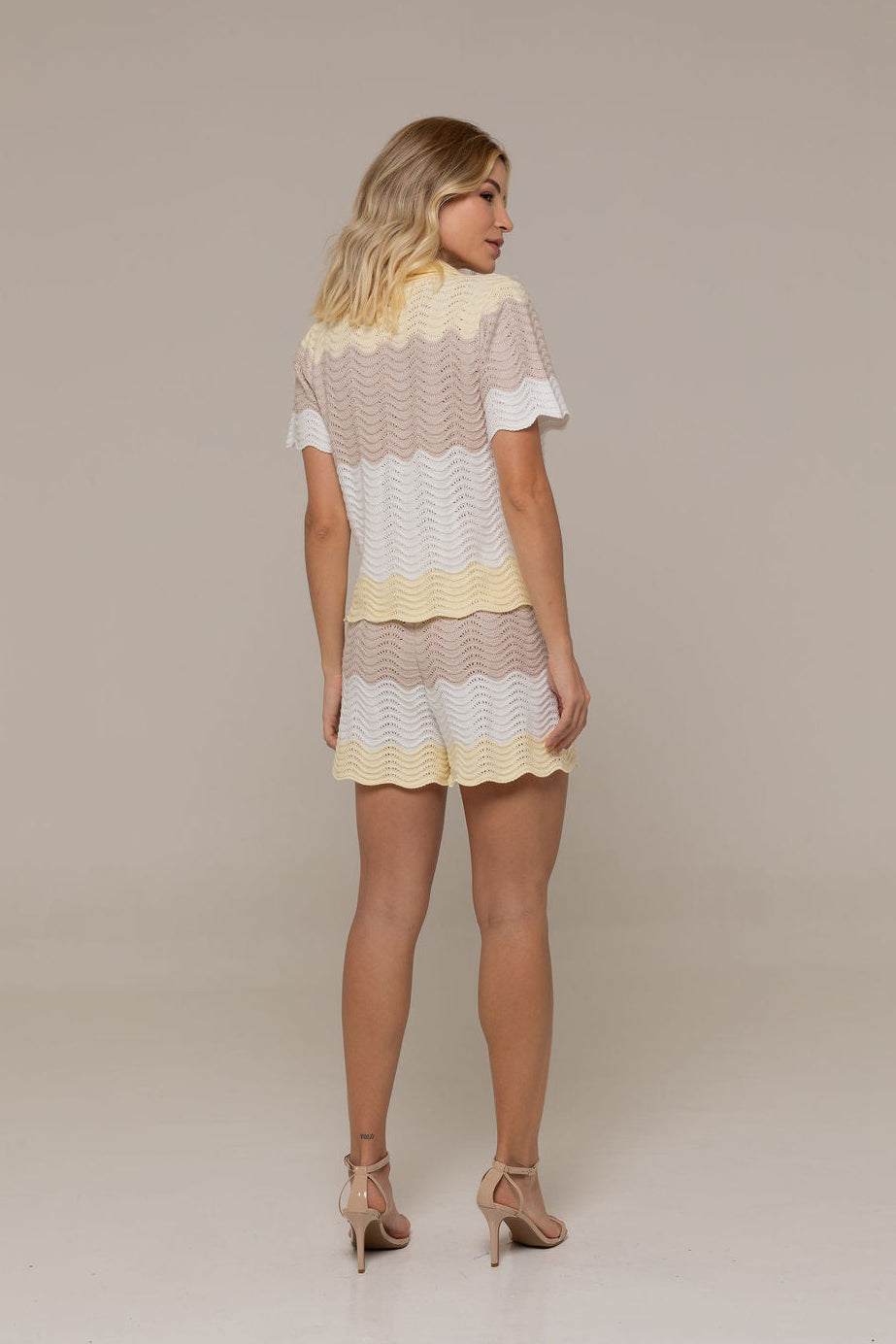 Marea Pointelle Wave Short-Sleeve Camp Collar Top and Shorts Set in Cream Sand and Lemon Yellow | Casa Maly