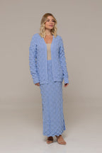 Luisana Dimensional Scale-Knit Longline Cardigan and Sweeping Maxi Skirt Two-Piece Set in Baby Blue | Casa Maly