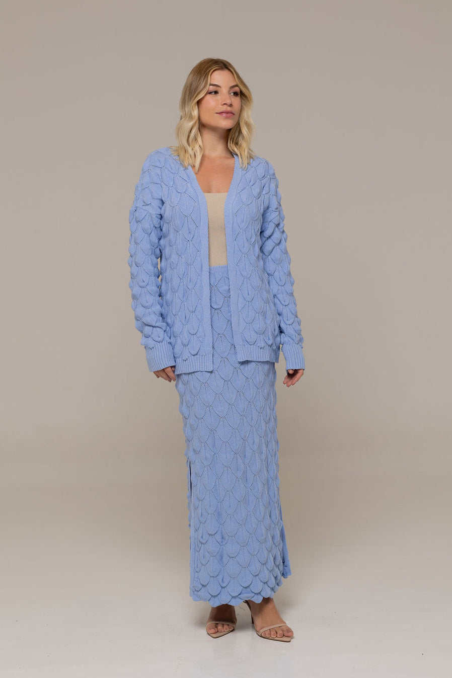 Luisana Dimensional Scale-Knit Longline Cardigan and Sweeping Maxi Skirt Two-Piece Set in Baby Blue | Casa Maly
