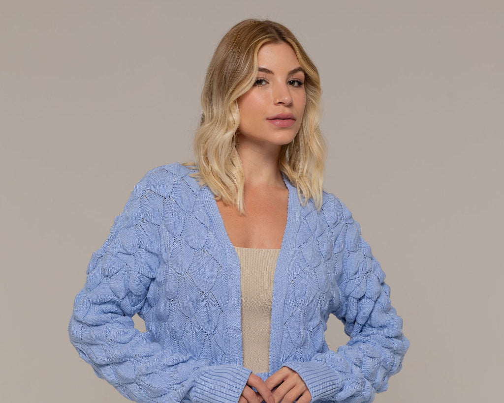 Luisana Dimensional Scale-Knit Longline Cardigan and Sweeping Maxi Skirt Two-Piece Set in Baby Blue | Casa Maly