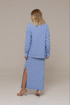 Luisana Dimensional Scale-Knit Longline Cardigan and Sweeping Maxi Skirt Two-Piece Set in Baby Blue | Casa Maly