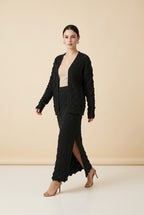 Luisana Dimensional Scale-Knit Longline Cardigan and Sweeping Maxi Skirt Two-Piece Set in Black | Casa Maly