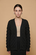 Luisana Dimensional Scale-Knit Longline Cardigan and Sweeping Maxi Skirt Two-Piece Set in Black | Casa Maly