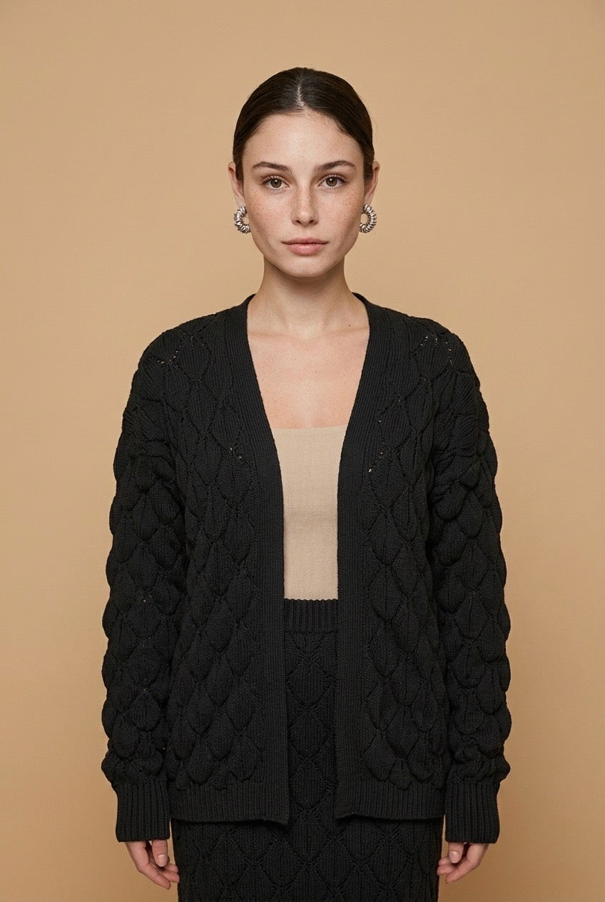 Luisana Dimensional Scale-Knit Longline Cardigan and Sweeping Maxi Skirt Two-Piece Set in Black | Casa Maly