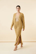 Luisana Dimensional Scale-Knit Longline Cardigan and Sweeping Maxi Skirt Two-Piece Set in Gold | Casa Maly