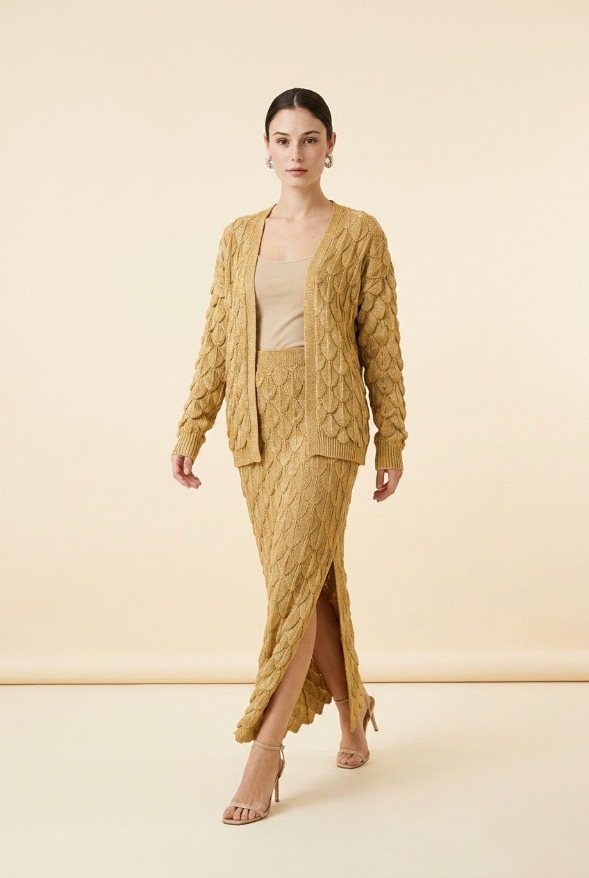 Luisana Dimensional Scale-Knit Longline Cardigan and Sweeping Maxi Skirt Two-Piece Set in Gold | Casa Maly