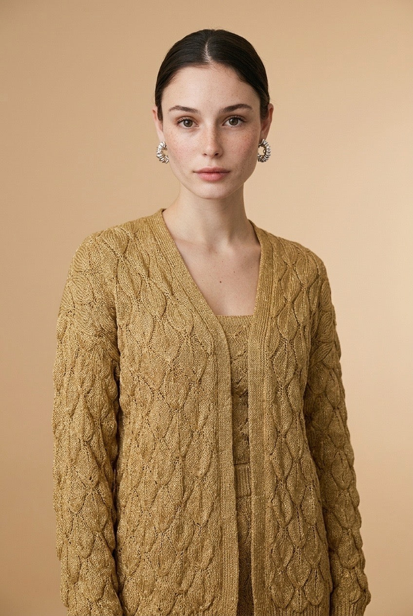 Luisana Dimensional Scale-Knit Longline Cardigan and Sweeping Maxi Skirt Two-Piece Set in Gold | Casa Maly
