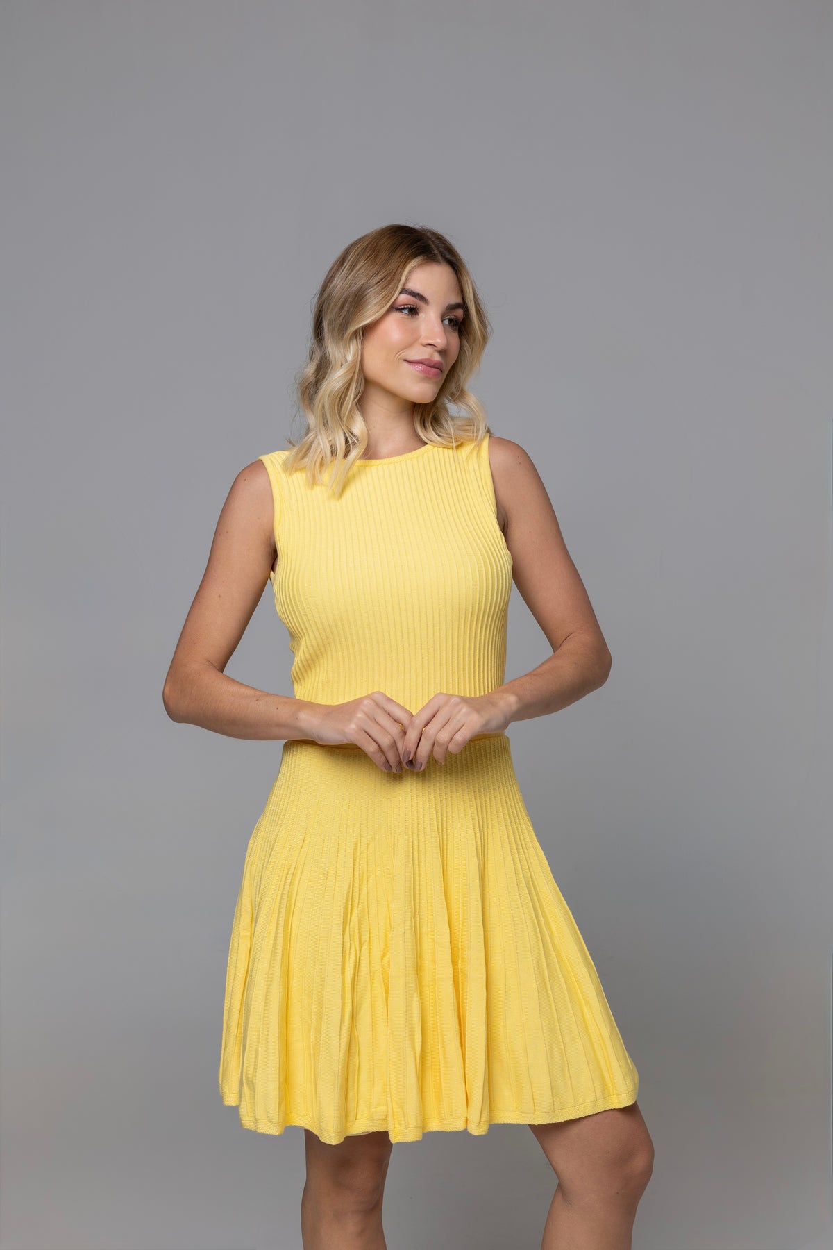 Amina Yellow Lined Knit Midi Dress | Casa Maly