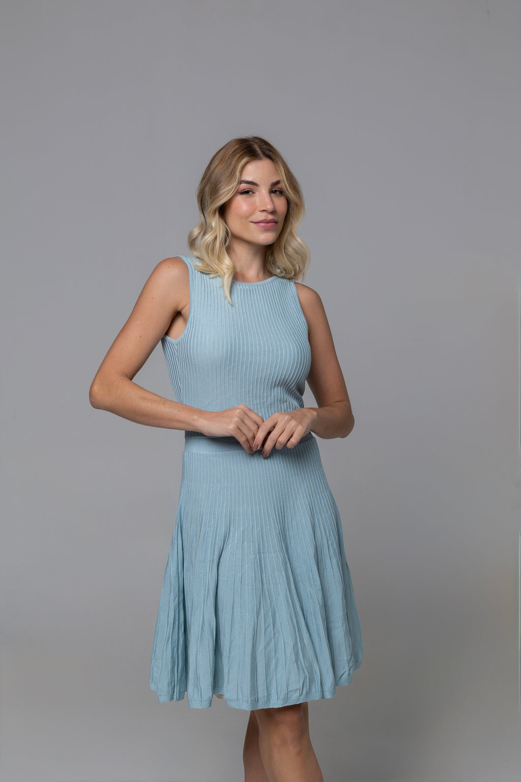 Amina Light Blue Lined Knit Midi Dress | Casa Maly