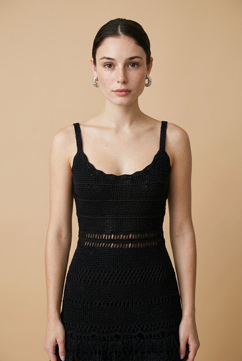 Bari Tiered Open-Stitch Knit Mini Dress in Black | Casa Maly