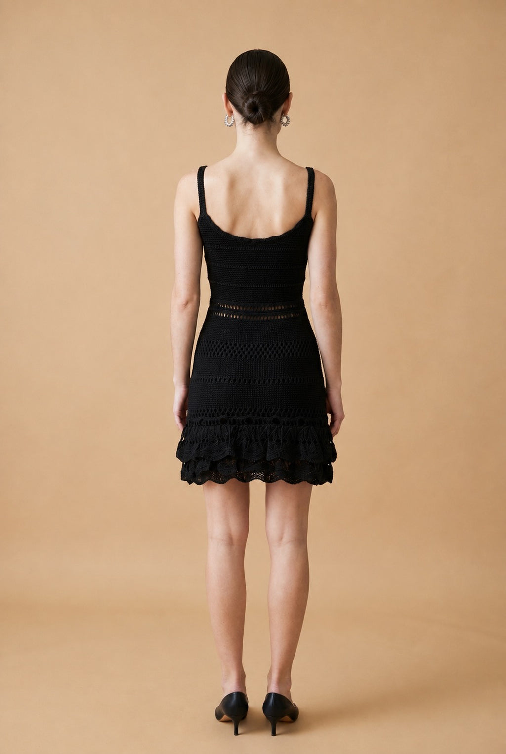 Bari Tiered Open-Stitch Knit Mini Dress in Black | Casa Maly