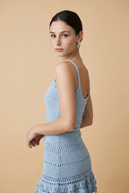 Bari Tiered Open-Stitch Knit Mini Dress in Baby Blue | Casa Maly