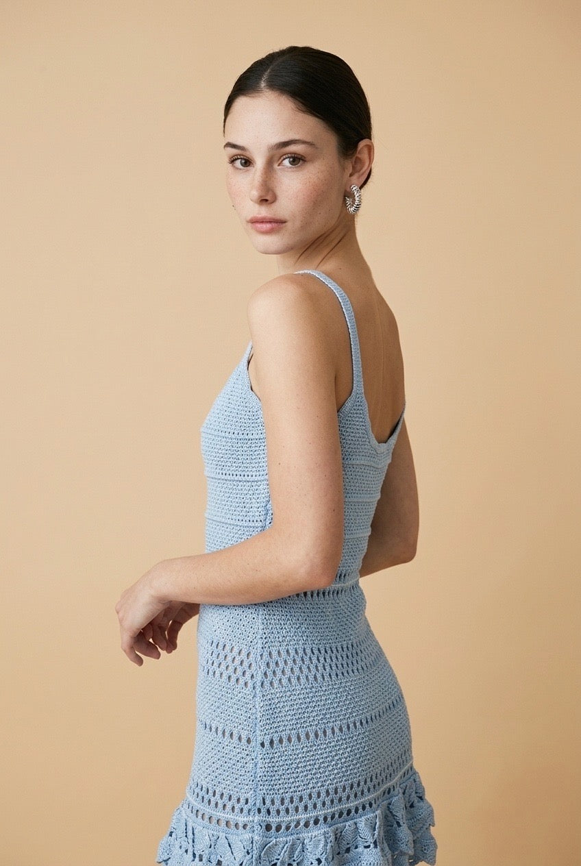 Bari Tiered Open-Stitch Knit Mini Dress in Baby Blue | Casa Maly