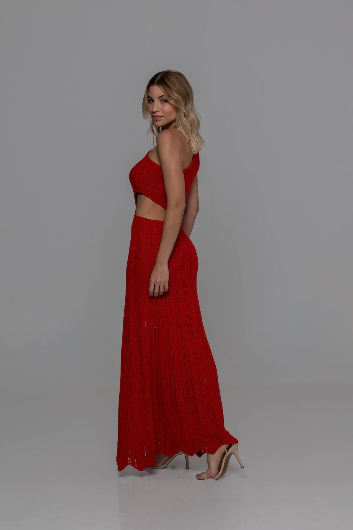 Isquia Open-Stitch One-Shoulder Cutout Knit Maxi Dress in Red | Casa Maly