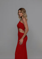 Isquia Open-Stitch One-Shoulder Cutout Knit Maxi Dress in Red | Casa Maly