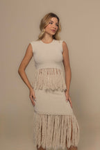 Capri Hand-Crafted Fringe Knit Top and Midi Skirt Set in Bone | Casa Maly