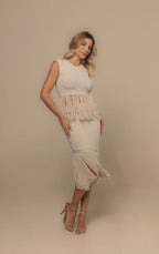 Capri Hand-Crafted Fringe Knit Top and Midi Skirt Set in Bone | Casa Maly