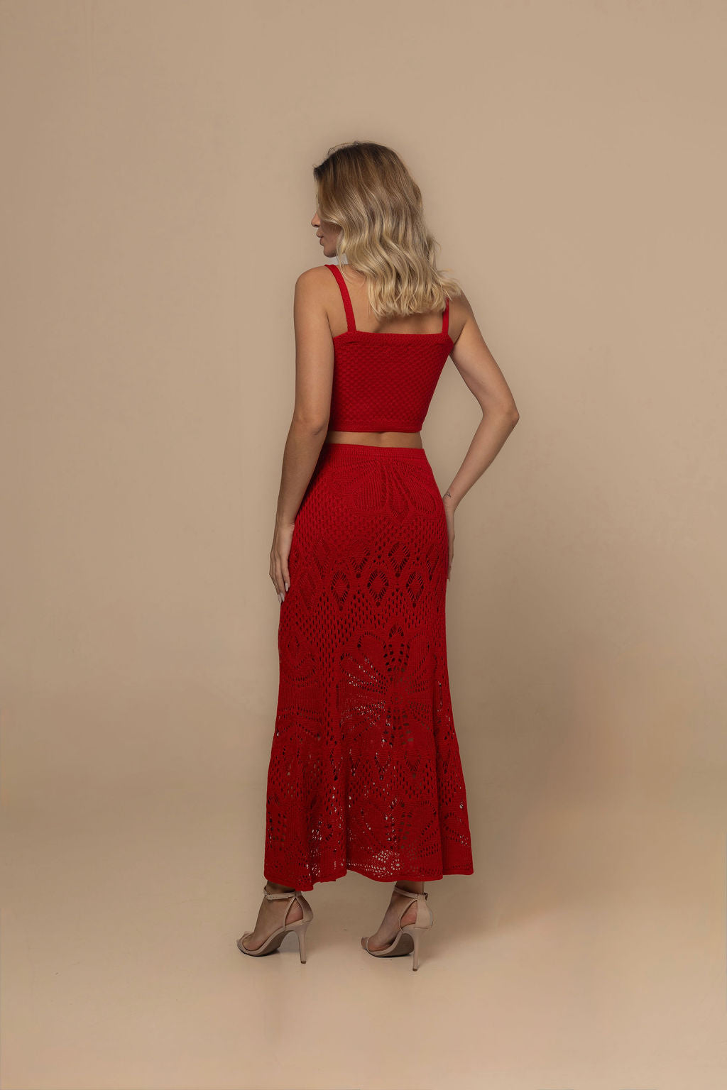Sevilla Red Geometric Open-Knit V-Neck Dress | Casa Maly