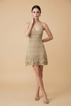 Bari Lurex Tiered Metallic Knit Mini Dress in Beige | Casa Maly