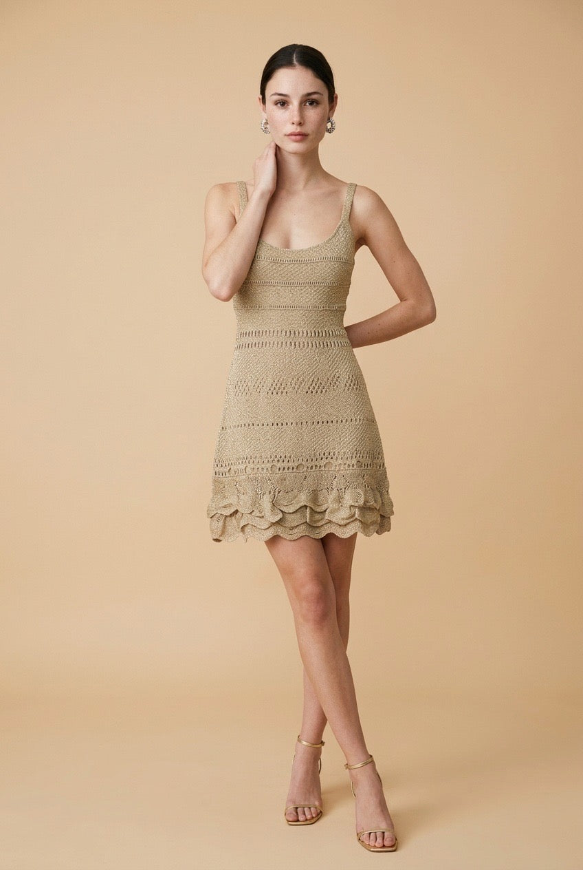 Bari Lurex Tiered Metallic Knit Mini Dress in Beige | Casa Maly