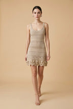 Bari Lurex Tiered Metallic Knit Mini Dress in Beige | Casa Maly