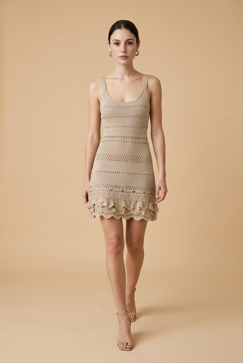 Bari Lurex Tiered Metallic Knit Mini Dress in Beige | Casa Maly