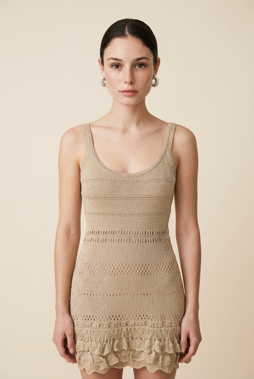 Bari Lurex Tiered Metallic Knit Mini Dress in Beige | Casa Maly