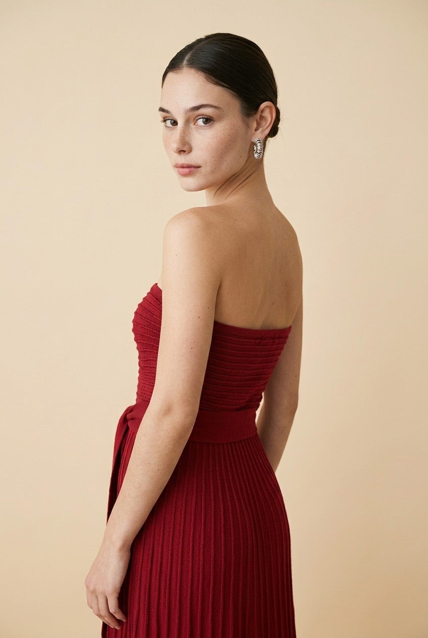 Diletta Textured Stretch Knit Draped Midi Dress in Burgundy | Casa Maly