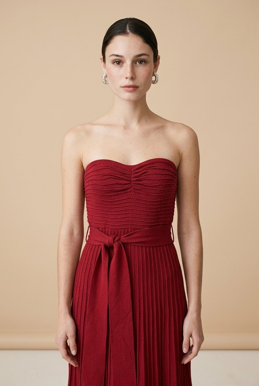 Diletta Textured Stretch Knit Draped Midi Dress in Burgundy | Casa Maly