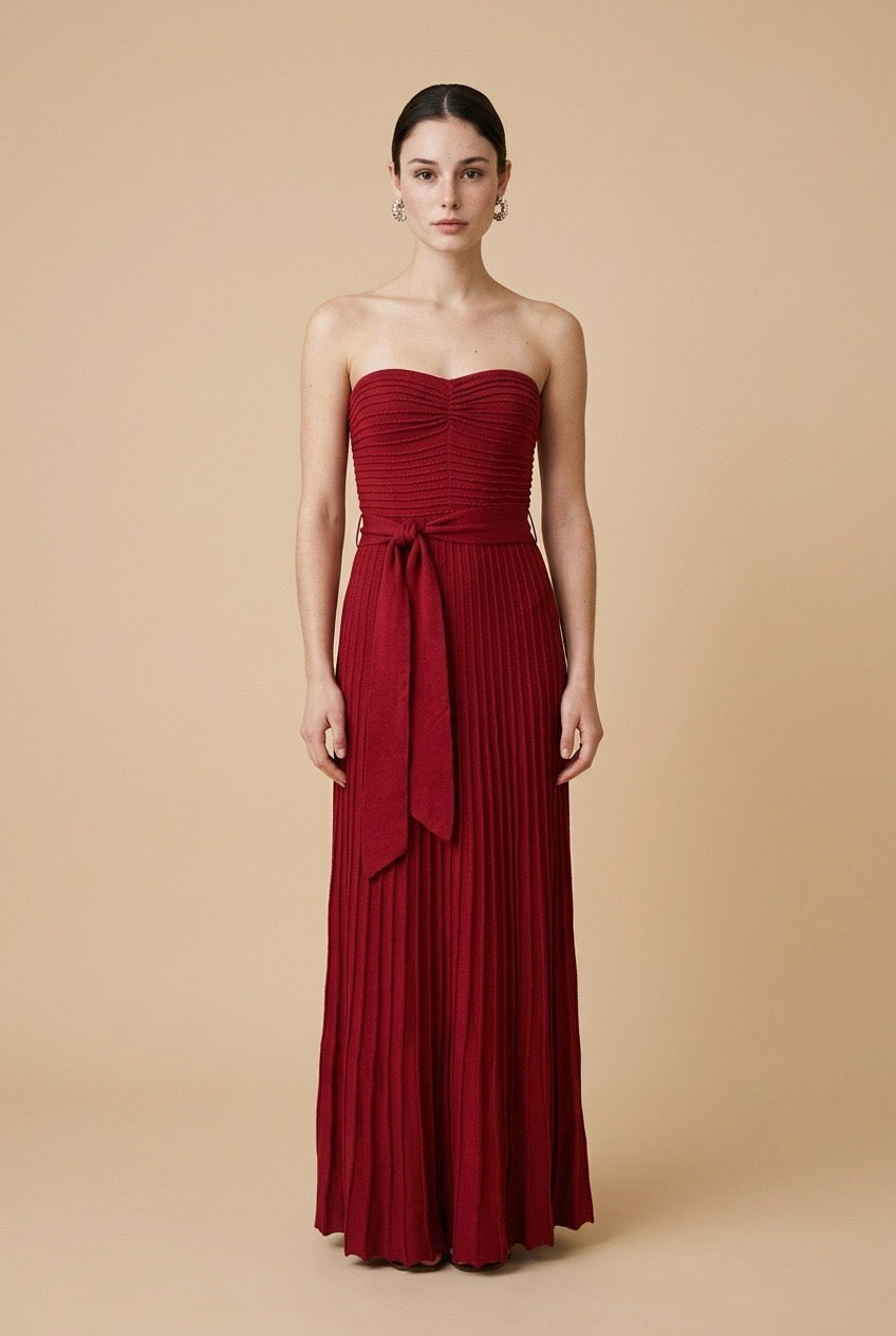 Diletta Textured Stretch Knit Draped Midi Dress in Burgundy | Casa Maly