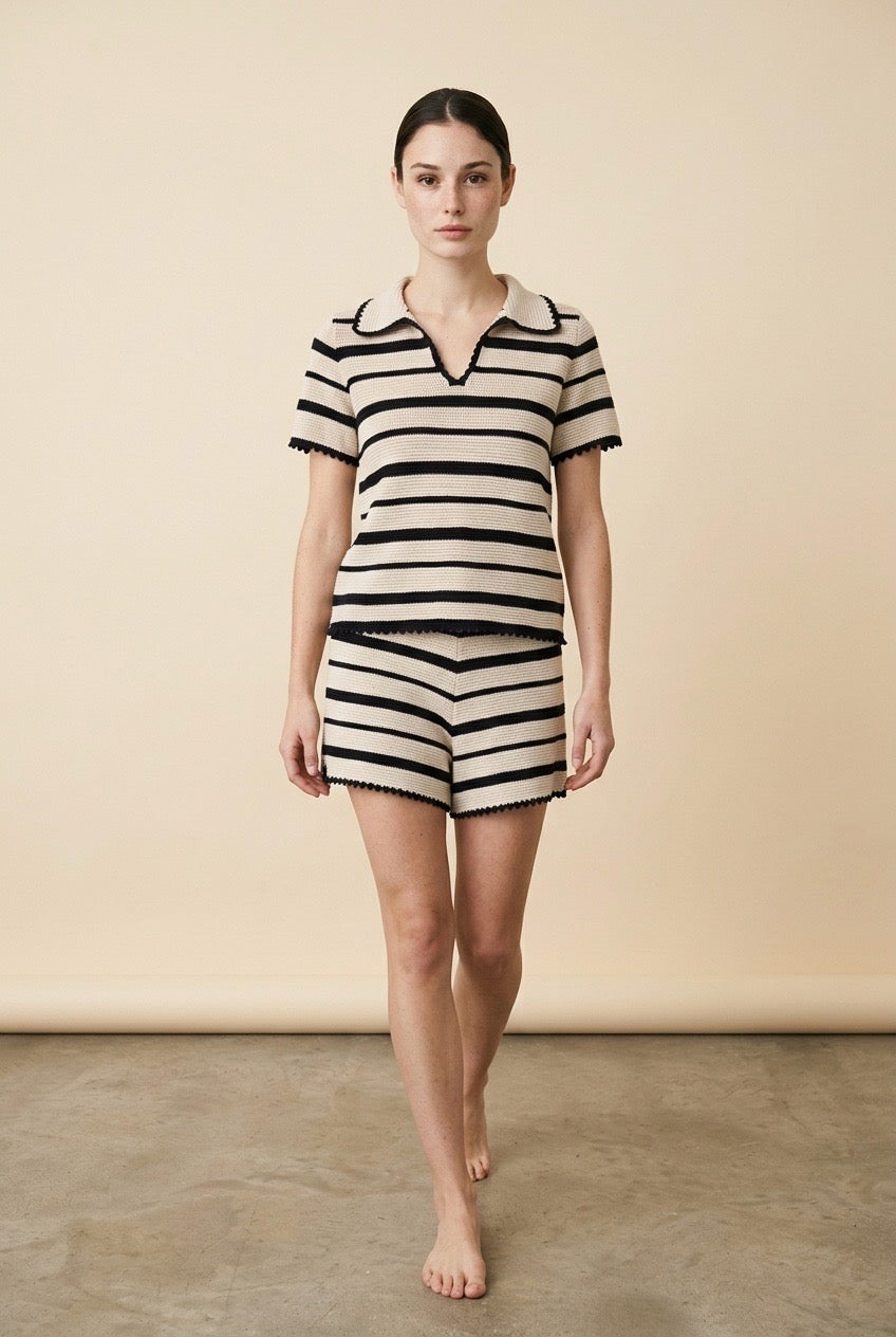 Cabo Striped Knit Polo Top and Shorts Set in Beige and Black | Casa Maly