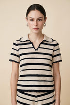 Cabo Striped Knit Polo Top and Shorts Set in Beige and Black | Casa Maly
