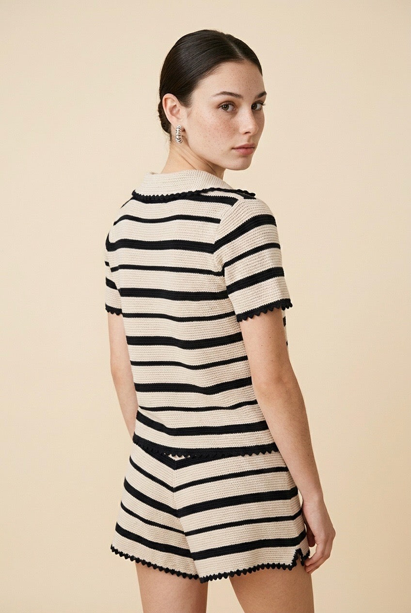Cabo Striped Knit Polo Top and Shorts Set in Beige and Black | Casa Maly