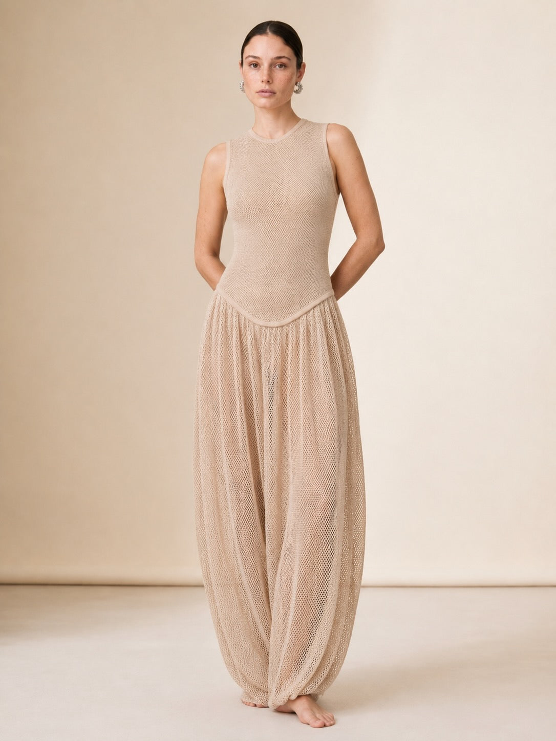 Atenea Open Knit Sculpted Dress in Beige | Casa Maly