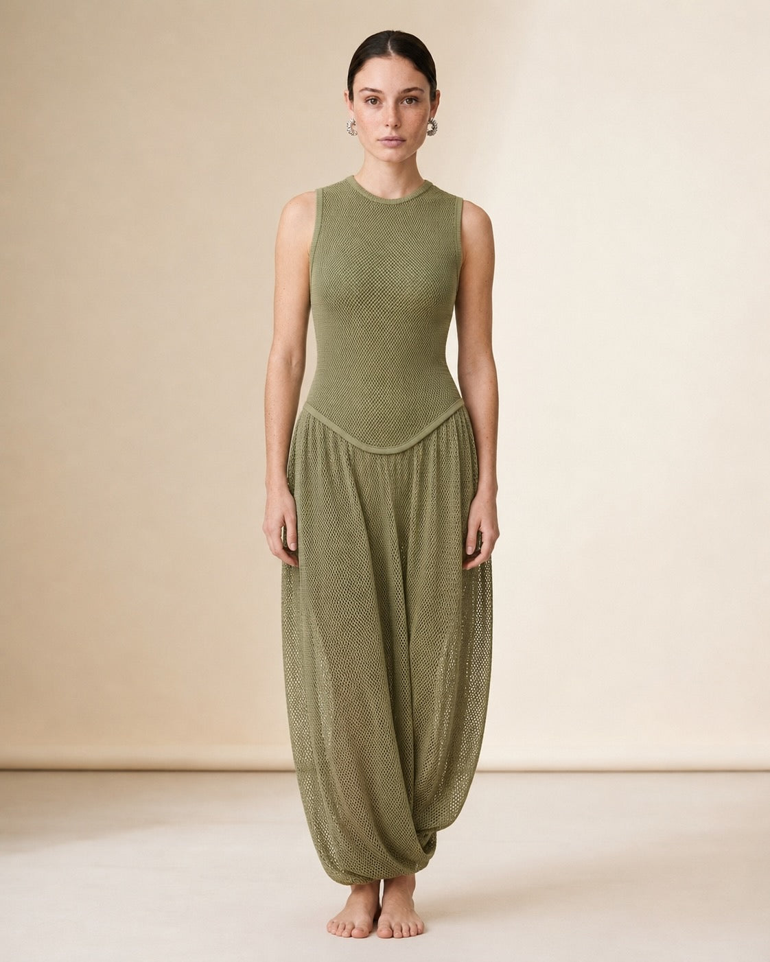 Atenea Open Knit Sculpted Dress in Olive Green | Casa Maly