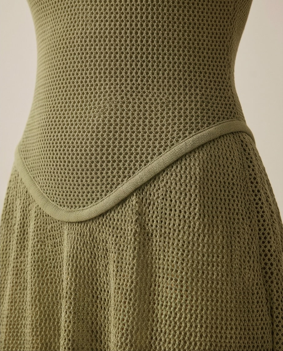 Atenea Open Knit Sculpted Dress in Olive Green | Casa Maly