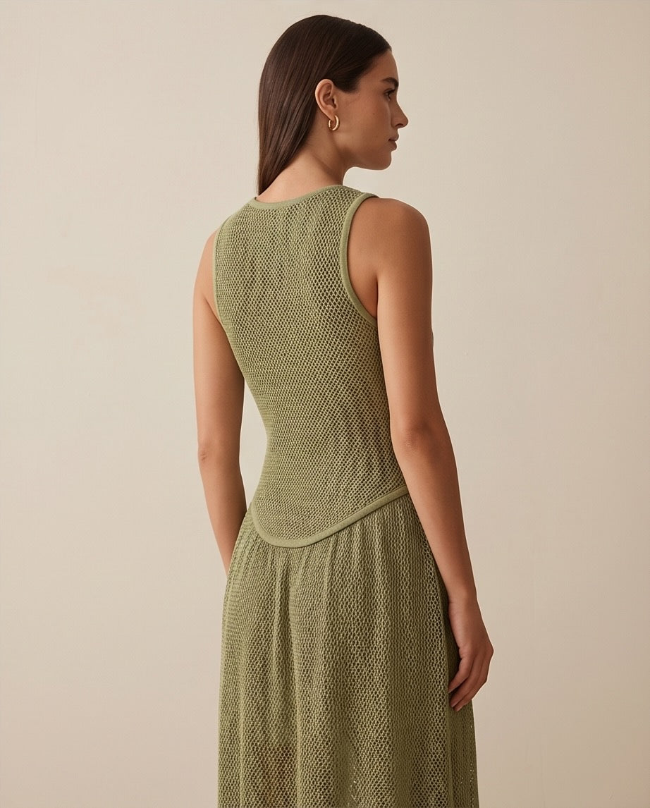Atenea Open Knit Sculpted Dress in Olive Green | Casa Maly