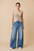 Corselete Textured Knit Corset Top in Beige | Casa Maly